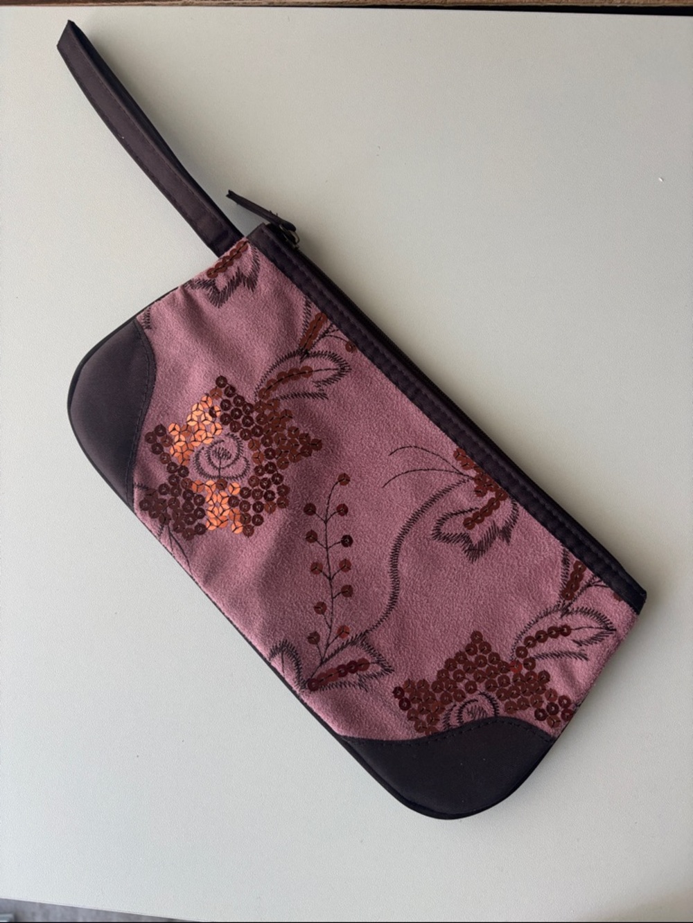 Women's Pink Floral Sequin Wristlet Pouch or cosmetic bag Avon